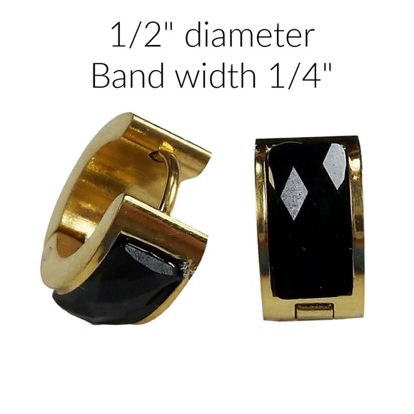 Gold Plated Stainless Steel and Black Faceted Huggies - Picture 2 of 3